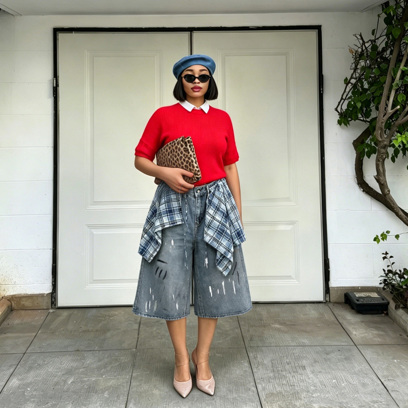 Lt0233 Cross-Border 2026 European and American Retro Color-Blocked Plaid Skirt Hem Splatter Ink Cropped Jeans Lt0233 Cross-Border 2026 European and American Retro Color-Blocked Plaid Skirt Hem Splatter Ink Cropped Jeans