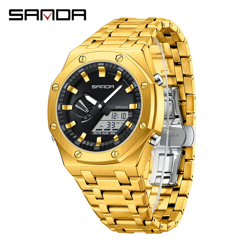 SANDA reloj electrónico popular correa de acero Luz de elevación manual reloj despertador multifuncional de moda para hombres frescos 3357