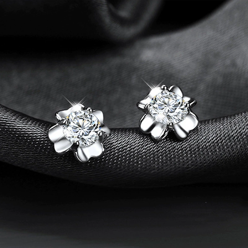 Silver fashionable earrings, accessory, four-leaf clover, Korean style