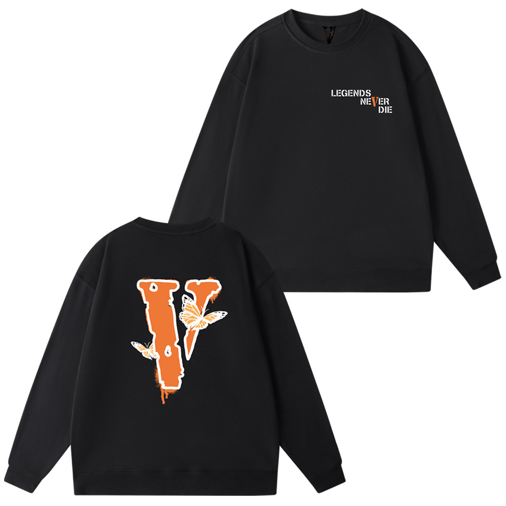 Vl Small Letter Logo on the Chest, Butterfly Large V Print, Street Fashion Brand, Loose Fit, Unisex Crew Neck Long Sleeve Sweatshirt