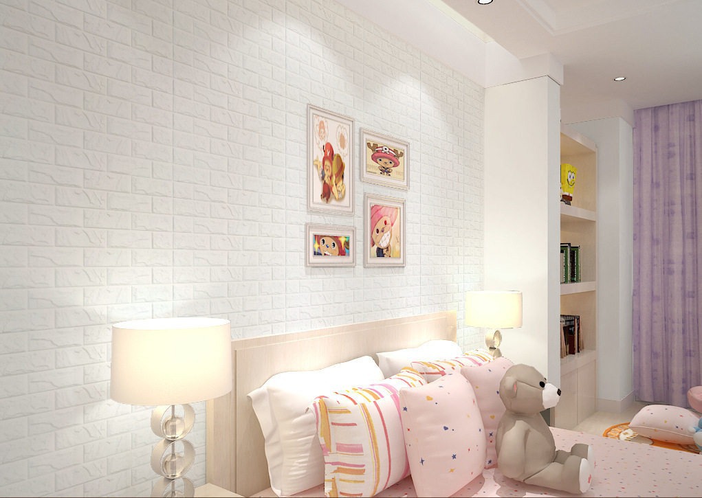 White 3D brick foam wall panels in a bedroom