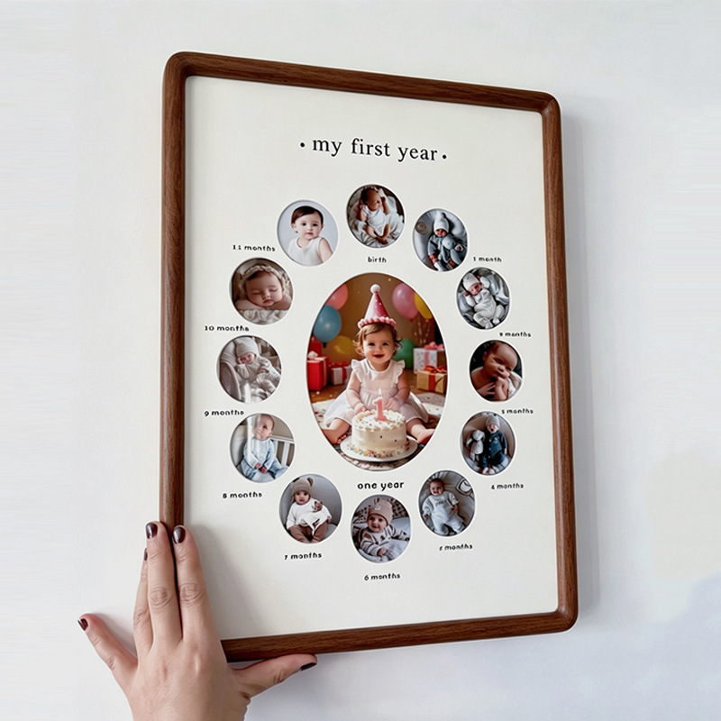 Baby's First Birthday Commemorative Photo Frame, 12-Month-Old Child's Growth Record Photo Album, Photo Display Stand, Wall Hanging, Solid Wood Frame Baby's First Birthday Commemorative Photo Frame, 12-Month-Old Child's Growth Record Photo Album, Photo Display Stand, Wall Hanging, Solid Wood Frame