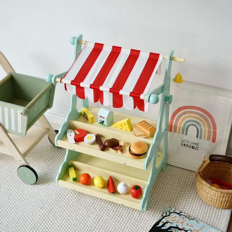 Children's Wooden Canteen Supermarket Fruit Cake Bread Sales Shelf Hand-Pushed Shopping Cart Kindergarten Play House