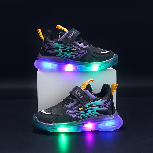 Spring and Autumn New Children's Sports Shoes with Leather Surface and LED Lighting, for Boys Aged 1-6, Sports and Casual Shoes