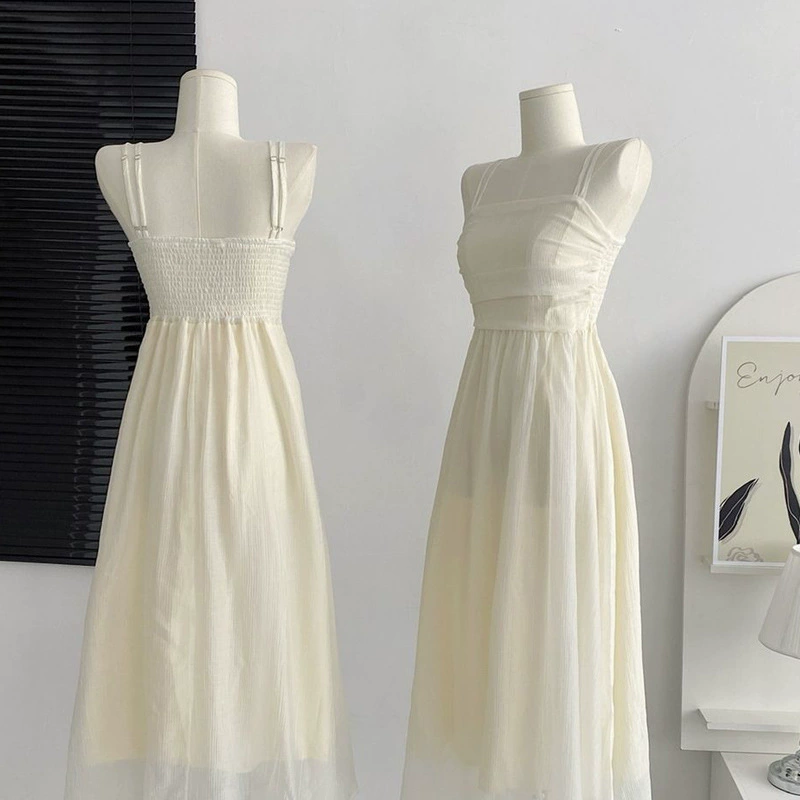 Женское 2024 ретро лето новый сплошной цвет нежная подтяжка юбка с талией супер фея платье французское нежное платье