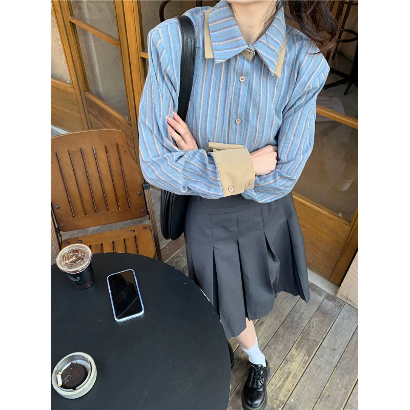 블루 스트라이프 긴팔 셔츠 여성 학생 가을과 겨울 디자인 센스 작은 프랑스 세련된 하이 엔드 센스 탑 옷