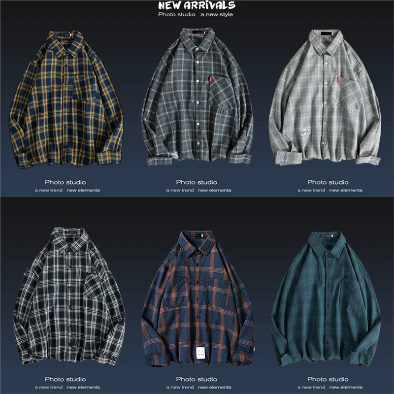 Весенне-осенняя повседневная клетчатая рубашка, мужская модная рубашка с длинными рукавами для пар, стильная японская свободная куртка в гонконгском стиле