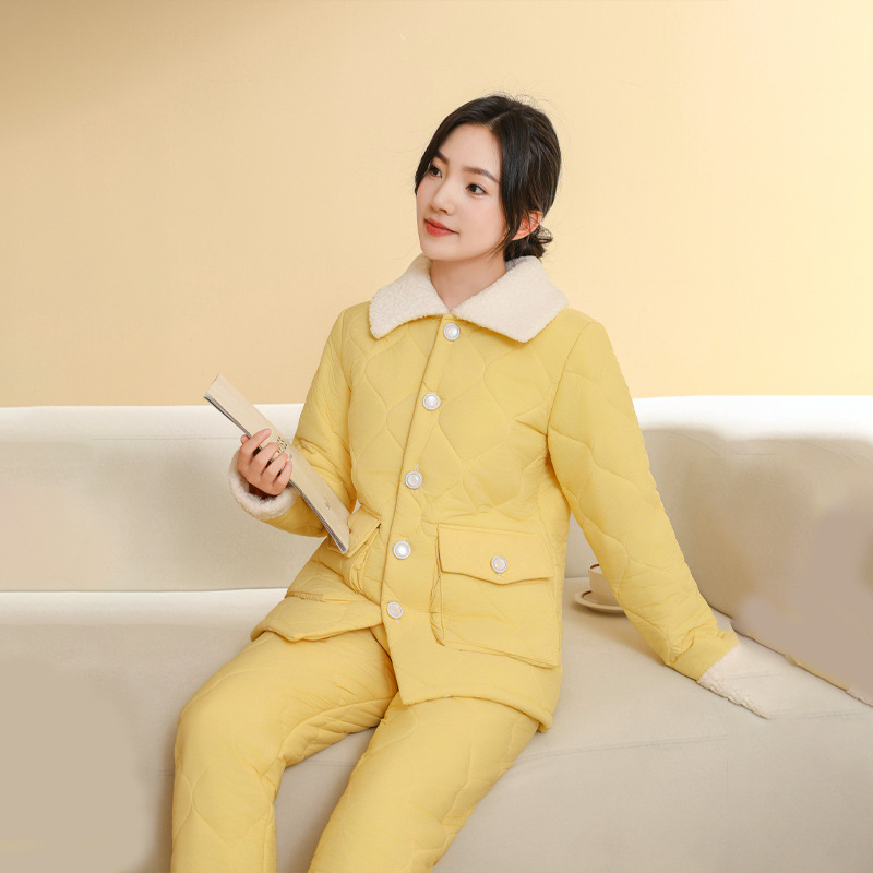 BA MANZI 가을과 겨울 새로운 여성 잠옷 실크 트랩 패브릭 옷깃 버튼 두꺼운 단색 홈 옷 따뜻한 세트