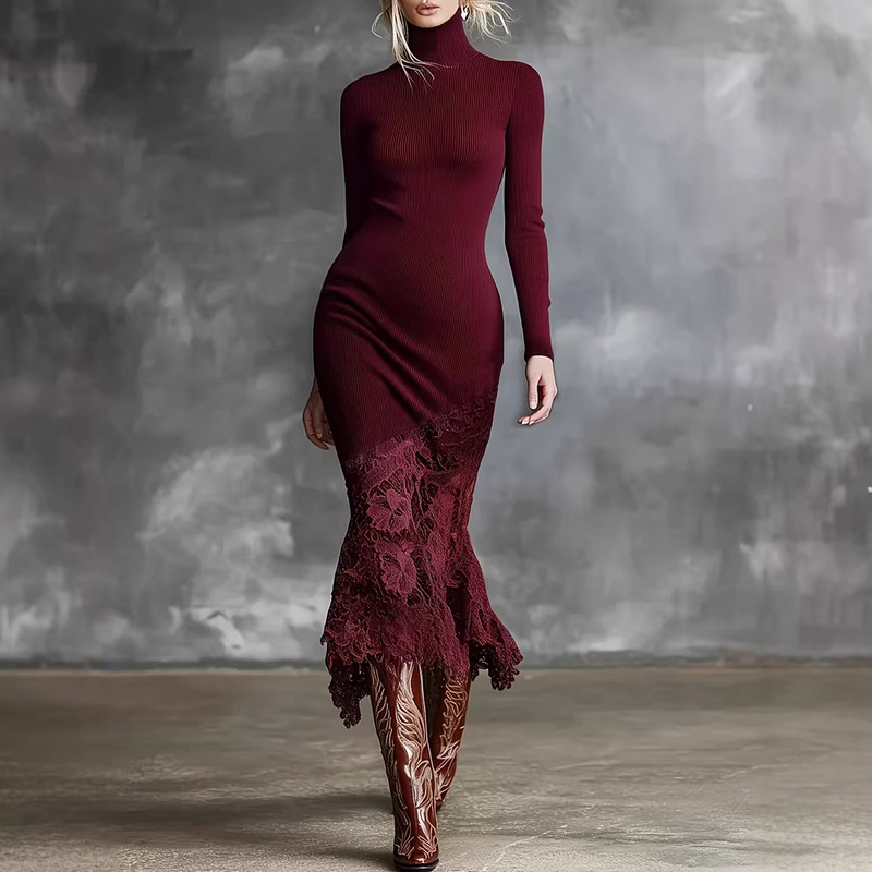 Independent Brand 2026 Spring and Autumn New Arrivals: Cross-Border Women's High-Neck Knitted Midi Dress with Lace Hem, Elegant Evening Gown Independent Brand 2026 Spring and Autumn New Arrivals: Cross-Border Women's High-Neck Knitted Midi Dress with Lace Hem, Elegant Evening Gown