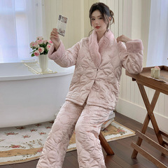 法式新款新中式冬季长袖长裤套装保暖甜美色丁夹棉家居服可外穿女