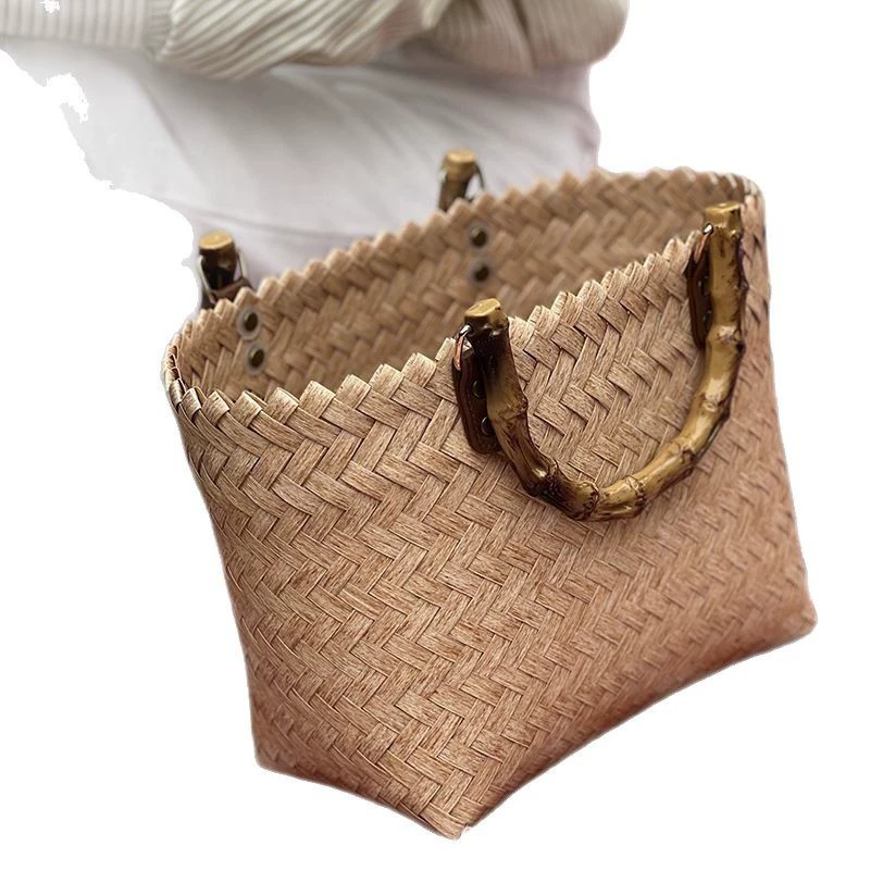 Straw bamboo woven retro beach basket, shoulder bag, custom-made, french style
