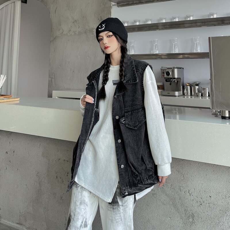 Spring and Summer Vintage Denim Vest Coat Women's Korean-style Loose Outer Wearing Stacked Waistcoat Vest Work Coat Trendy