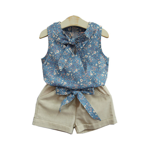 5973 foreign trade summer new product Korean style children's suit girls floral sleeveless vest and shorts two-piece children's clothing set