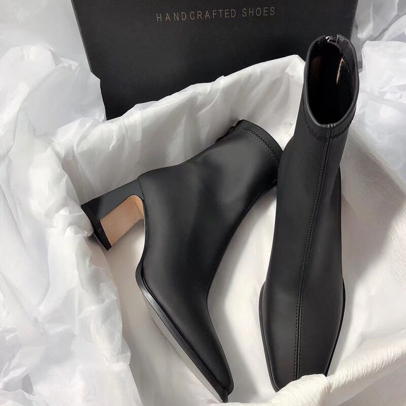 2024 Autumn and Winter New Square Head Thick Heel Stretch Thin Boots Elegant All-match Short Boots French Soft Leather High Heels for Women