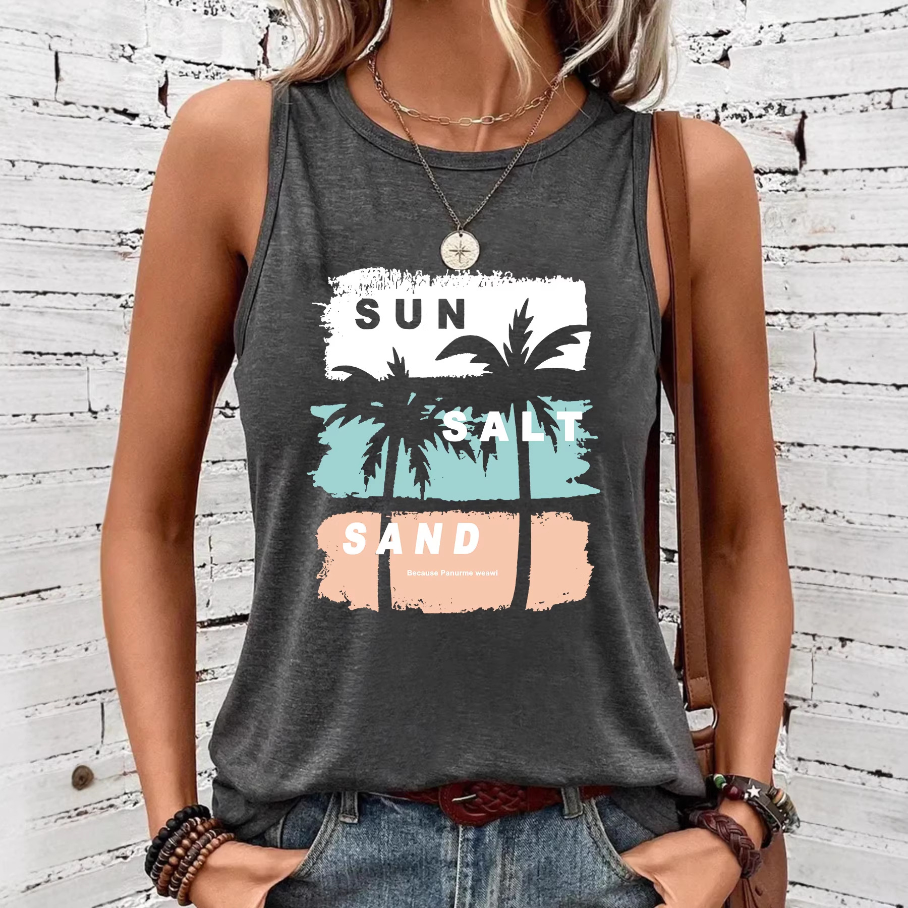 Women's Foreign Trade Tops, Casual European and American Style, Sleeveless, Loose-Fitting, Beach Hawaiian Print Tank Tops