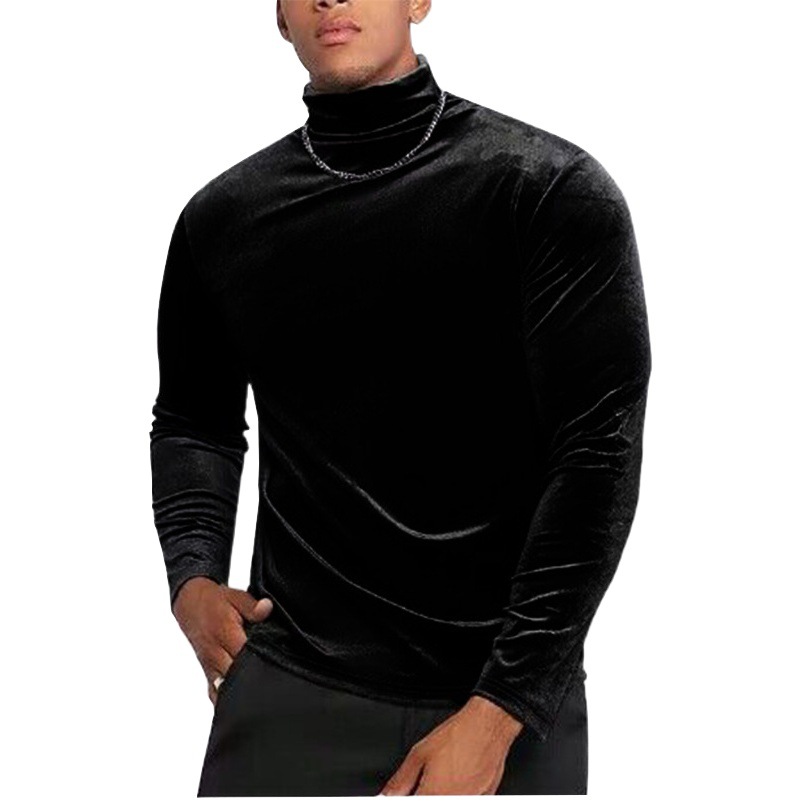 Nueva manga larga cruzada de color sólido Camiseta ajustada de color europeo y americano ropa de los hombres de otoño e invierno comercio exterior de cuello alto de gamuza