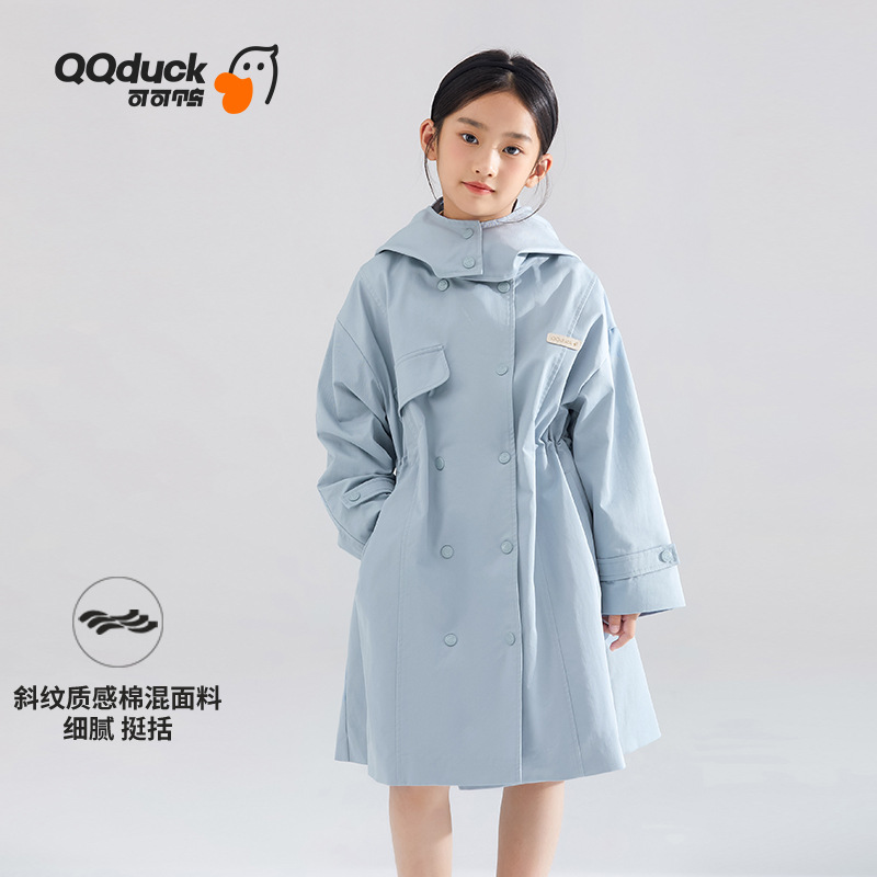 QQduck可可鸭童装春季新款女童风衣中长款外套女孩洋气英伦风衣服