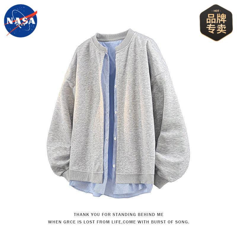 NASA品牌春秋季港风高级感假两件无帽长袖卫衣男士宽松休闲外套潮|undefined