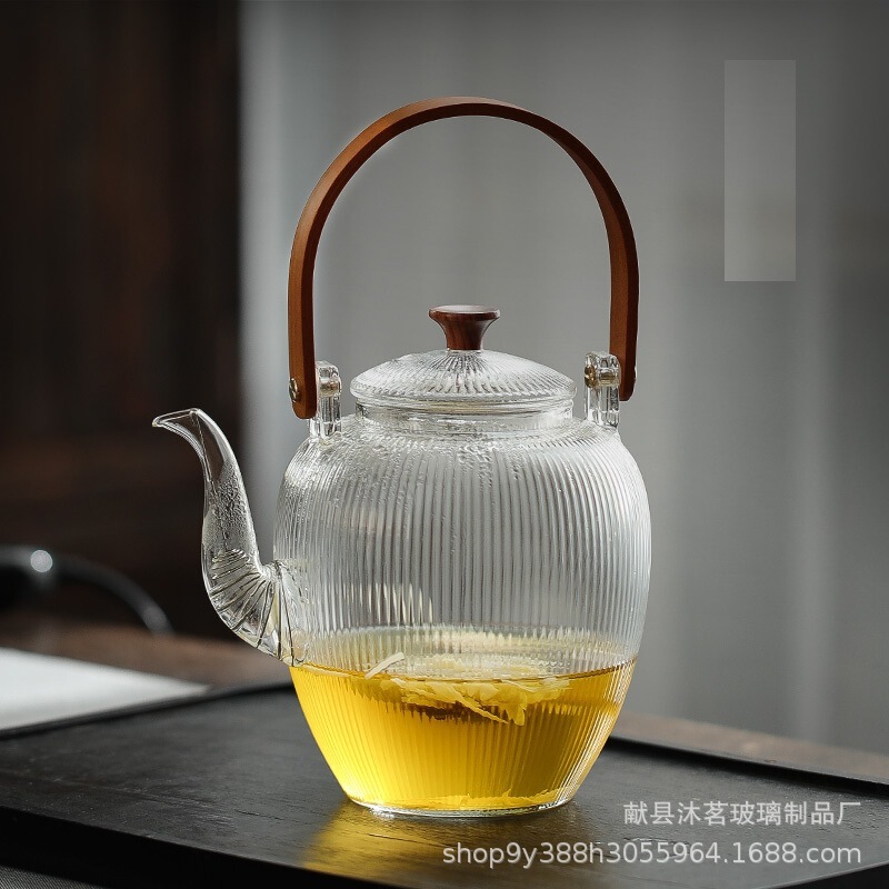 Japanese-Style Vertical-Striped Glass Teapot, Purple Clay Open-Flame Tea Set, Bamboo Handle, Filter, Electric Ceramic Pot, Hammered Texture, Light Luxury Style