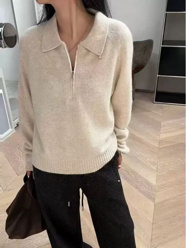 秋冬新款纯色绵羊绒针织女POLO领宽松拉链毛衣女休闲慵懒风套头衫|undefined