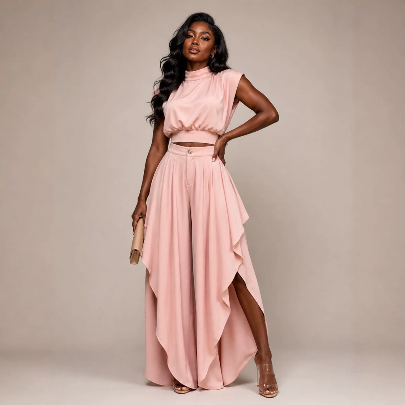 French Style Women's Niche Sleeveless Two Piece Set High Neck Cropped Top Irregular Ruffles Wide Leg Pants_ecoleips.com
