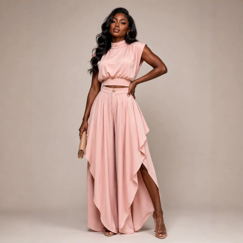 French-Style Niche Sleeveless Summer Set for Women: High-Neck Cropped Top with Exposed Waist and Irregular Ruffled Wide-Leg Pants Two-Piece Set
