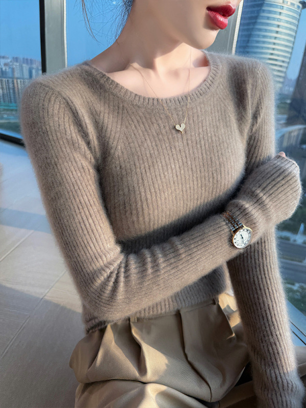 简约厚款圆领100羊毛衫女秋冬打底衫上衣修身新款百搭毛衣抽条|undefined