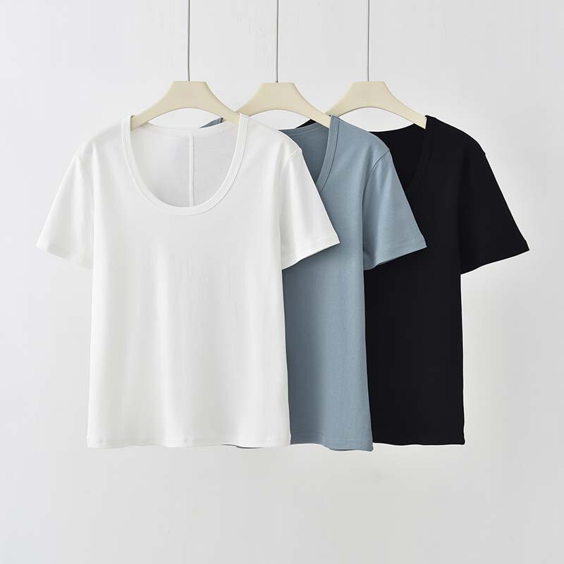 Ultra-fine high-support double-sided soft cotton U-collar solid color ROW French back mid-seam T-shirt women's upper base all-match slimming