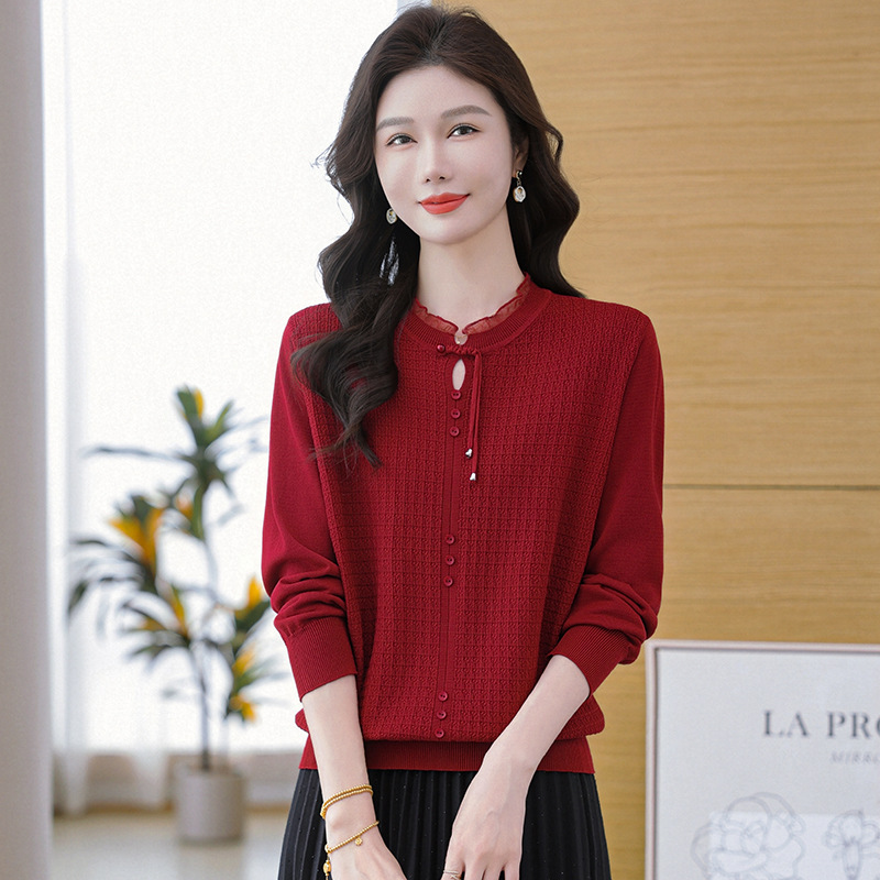 25 New Autumn Clothing Lace Round Neck Ice Silk Knitwear Women's Fashionable Spring & Fall Style Age-Reducing Mother's Loose Top