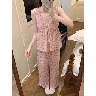 甜美少女碎花无袖吊带睡衣女2026夏季新款大码宽松长裤家居服套装