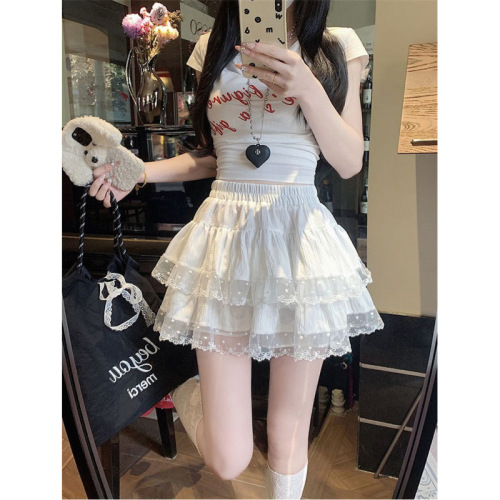 Sweet ballet-style lace-embellished ruffled tiered cake skirt—versatile summer pick for a flattering high-waisted, figure-flattering pleated mini dress.