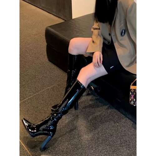 Autumn/Winter Knock-off Boots Slim Patent Square Toe High Heel Thick Sole Long Boots Knee-high Boots Women Black Leather Boots Women