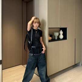 高版本现货BL家25新款水洗拼接牛仔长裤时尚百搭宽松版型男女同款