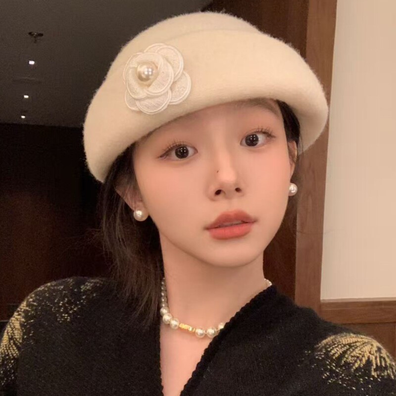 法式羊毛白色礼帽女秋冬赫本风优雅珍珠千金帽子女感贝雷帽显脸小|undefined