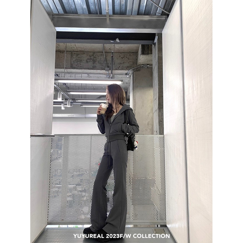 Yuyureal- S-Curve Shows Off Your Figure, Hooded Slim Sweatshirt Two-Piece Set, Lazy Top, High-Waisted Drawstring Pants