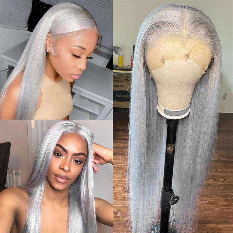 Cross-Border Hot-Selling Wigs Silver-Gray Long Straight Hair Front Lace Synthetic Fiber Full Wig Factory Direct Sales Wholesale