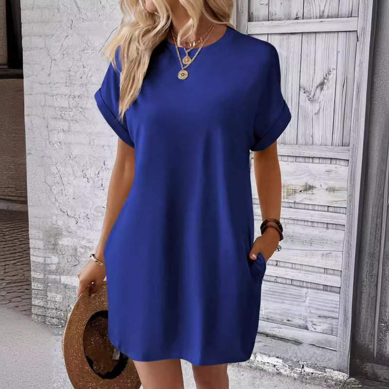 Cross-border Amazon Foreign Trade 2024 Summer European and American plus size Women's Casual Solid Color Crewneck Pocket Bat Sleeve dress
