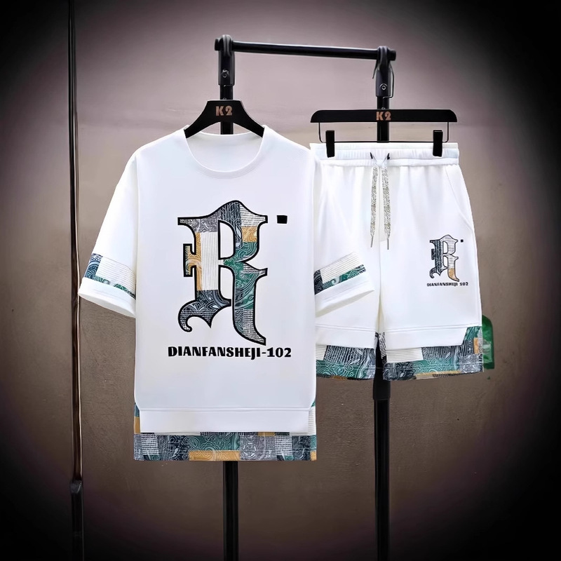 Cross-border Waffles Casual suit Men's Summer Short-sleeved Shorts T-shirt Men's Clothing Set with Sports Clothes