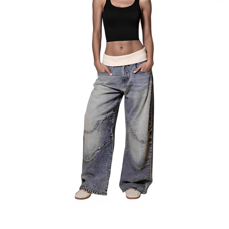 D8757 2025 Four Seasons Neutral European and American Cross-Border Spliced ​​Threaded Waist Multiple Design Wide Leg Retro Jeans