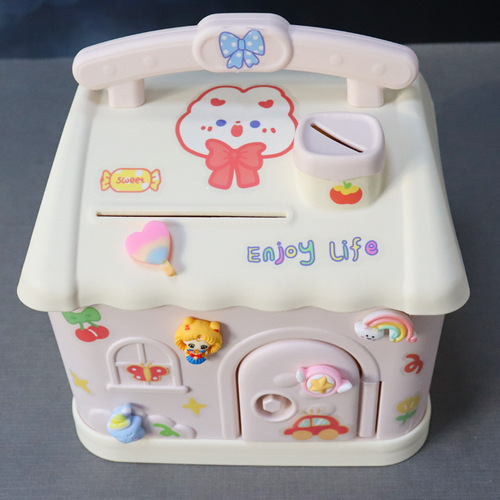 Cartoon Cute House Piggy Bank, Depositable and Withdrawable, Portable Resin Anti-Slip Gift Bank for Students and Children