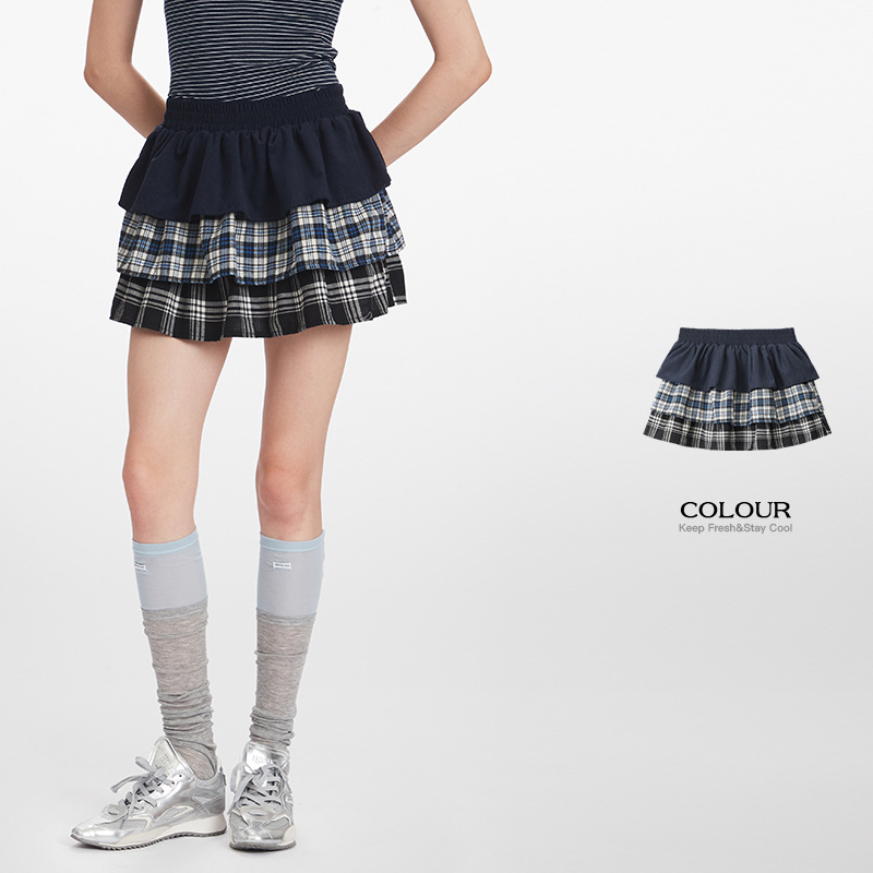 HeyHenry 学院韩版夏季2025新款拼接蛋糕裙女高腰a字蓬蓬半身短裙