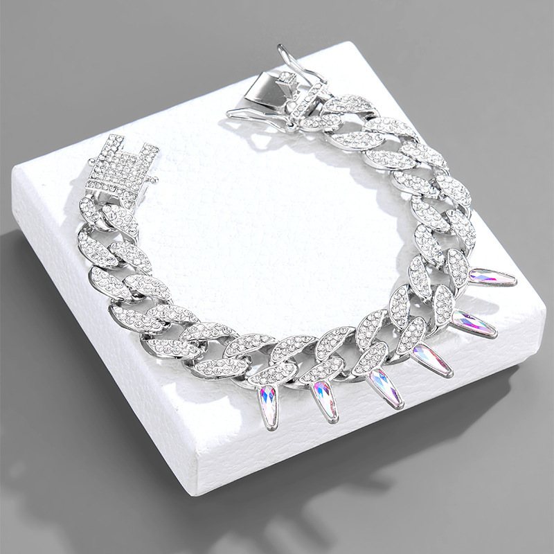 Cross-border New Spiked Niche Personality Design Sense Hip Hop Jewelry Bracelet Fashion All-match Cuban Chain Full Diamond Wholesale