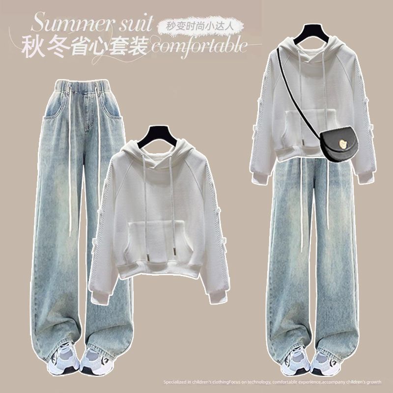 Fashion Suit # Lace Bow T-Shirt Women's Long Sleeve Loose Top with Retro Washed Wide Leg Jeans