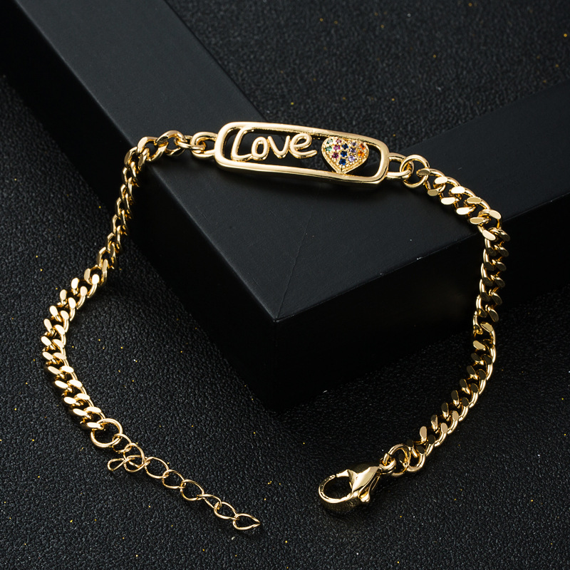 Letters Heart Shaped Lightning Copper Plated 18k Gold Micro-set Zircon Chain Bracelet Accessories display picture 5