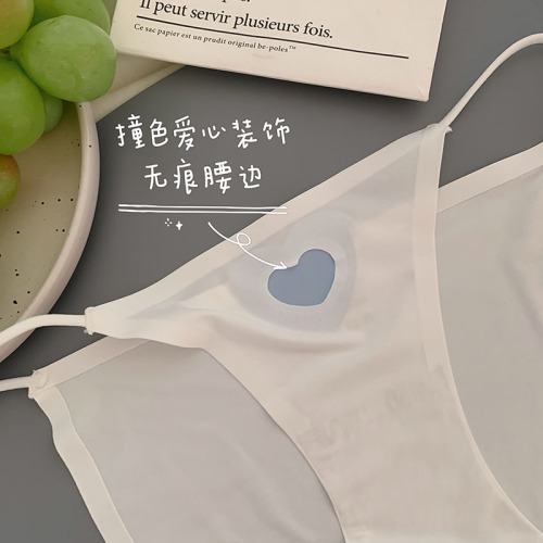 Pure desire high slit ice silk contrast color love seamless sexy thin strap low waist breathable cotton crotch quick-drying triangle underwear for women