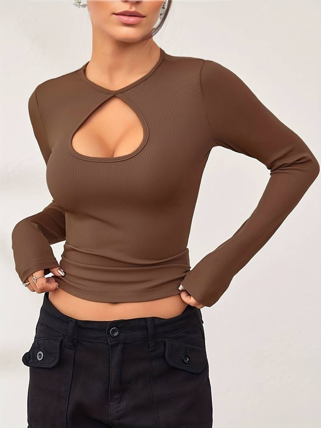 Voya Women's Simple And Versatile T-shirt For Spring And Summer Casual Commuting, Long Sleeved Slim Fit Solid Color Top For Interior Wear_ecoleips.com
