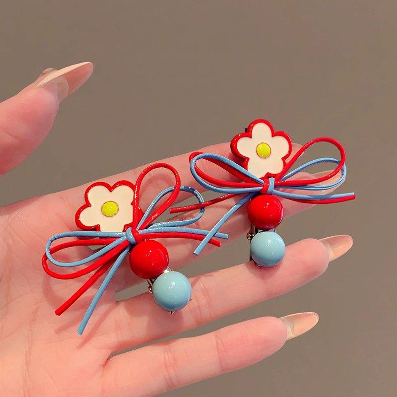 Korean Dongdaemun Sweet Red And Blue Color-Block Flower Bow Bangs Clip For Girls Tie Hairpin Hair Accessory_voghion.com