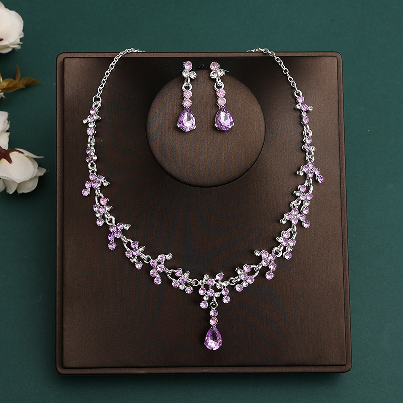 Bridal Rhinestone Water Drop Necklace And Earrings Set Three Piece_voghion.com