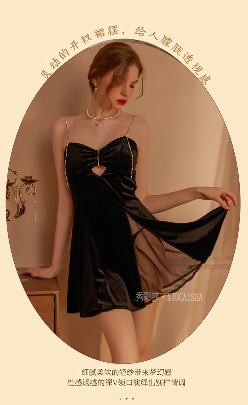 Red Velvet-Feel Sling Nightgown with Rhinestone Detail, One Size, Roleplay Lingerie — detail image 18