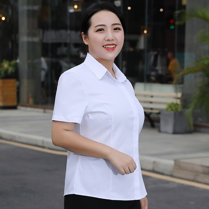 Plus size white shirt Women's slightly fat plus size loose chubby girl short sleeve summer workwear anti-exposure long sleeve overalls